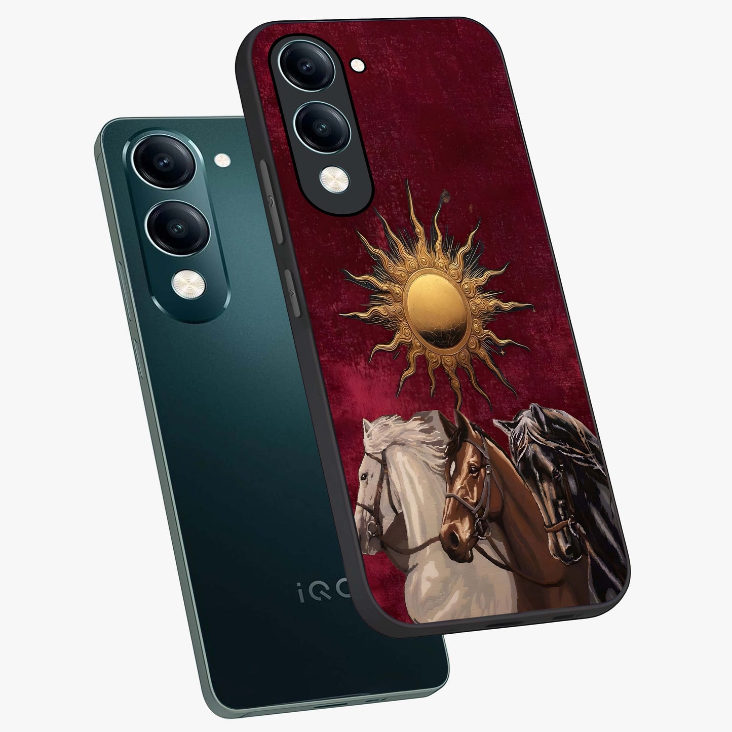 Solar Riders Glass Case displayed in angled mockup highlighting powerful rider illustration with radiant solar aesthetic.