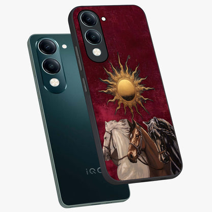 Solar Riders Glass Case displayed in angled mockup highlighting powerful rider illustration with radiant solar aesthetic.