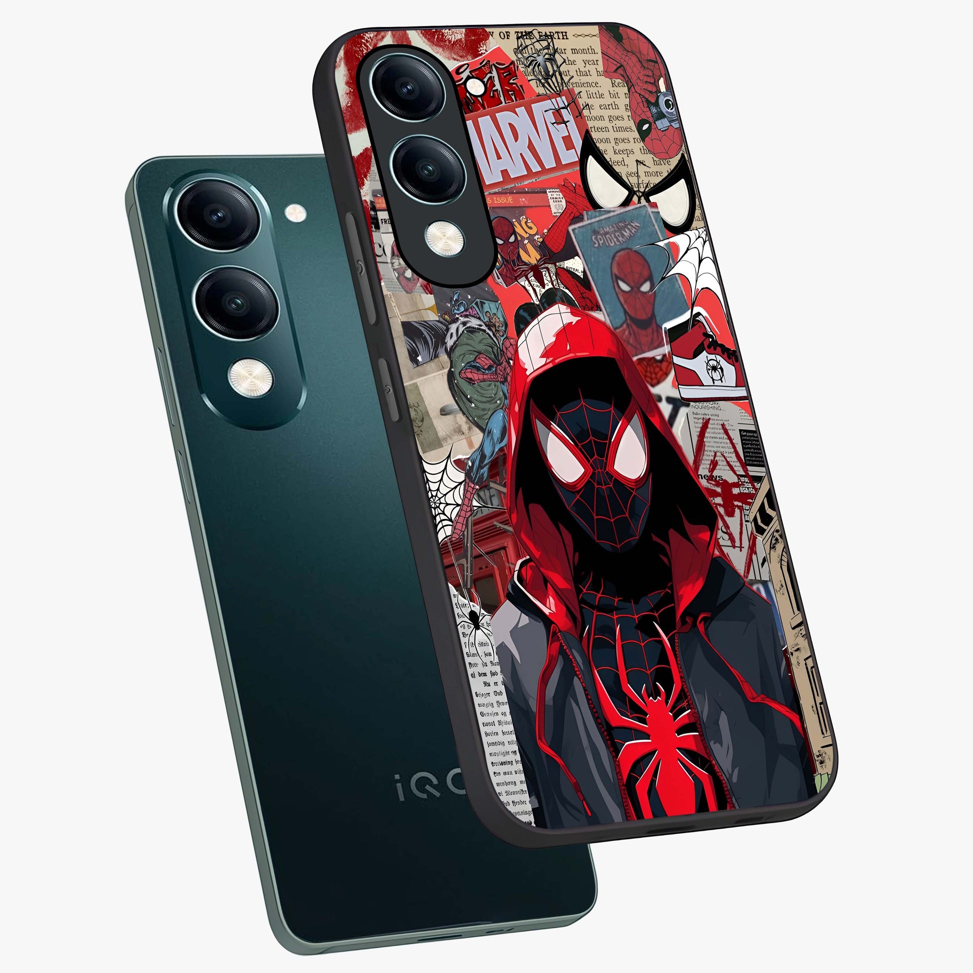 Spider Collage Street Glass Case displayed in angled mockup highlighting dynamic street style collage design with comic aesthetic.