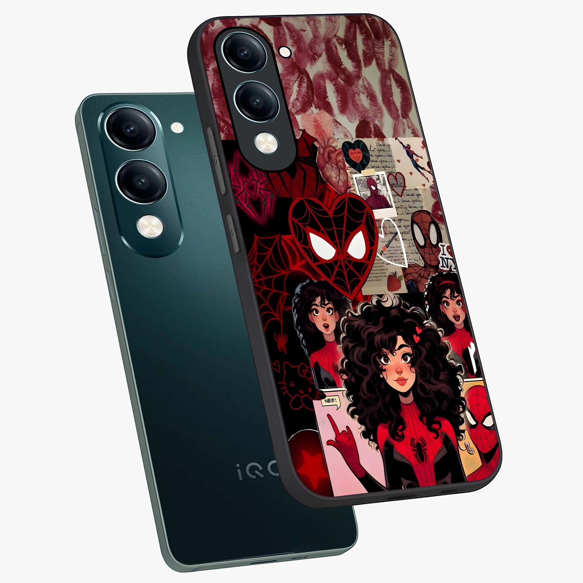 Spider Love Story Glass Case displayed in angled mockup highlighting expressive comic inspired design with playful aesthetic.