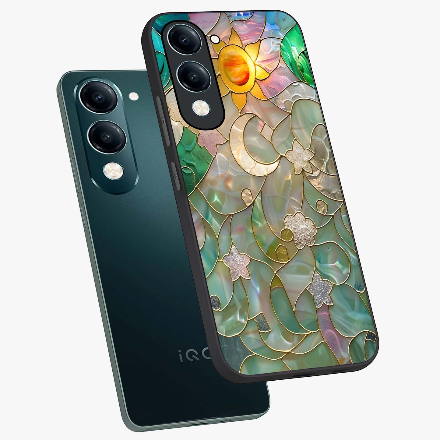 Stained Sunrise Glow Glass Case displayed in angled mockup highlighting radiant sunrise design with artistic aesthetic style.