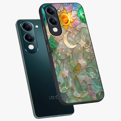Stained Sunrise Glow Glass Case displayed in angled mockup highlighting radiant sunrise design with artistic aesthetic style.