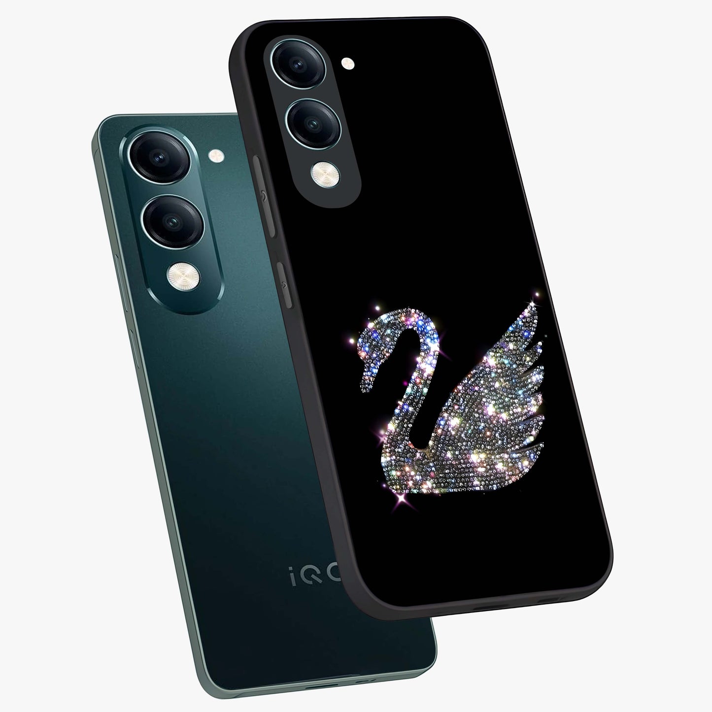 Starlit Swan Grace Glass Case displayed in angled mockup highlighting elegant swan illustration with dreamy celestial aesthetic.