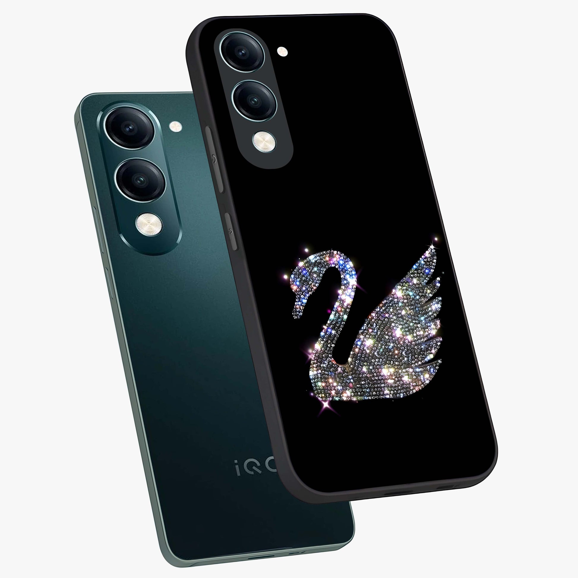 Starlit Swan Grace Glass Case displayed in angled mockup highlighting elegant swan illustration with dreamy celestial aesthetic.