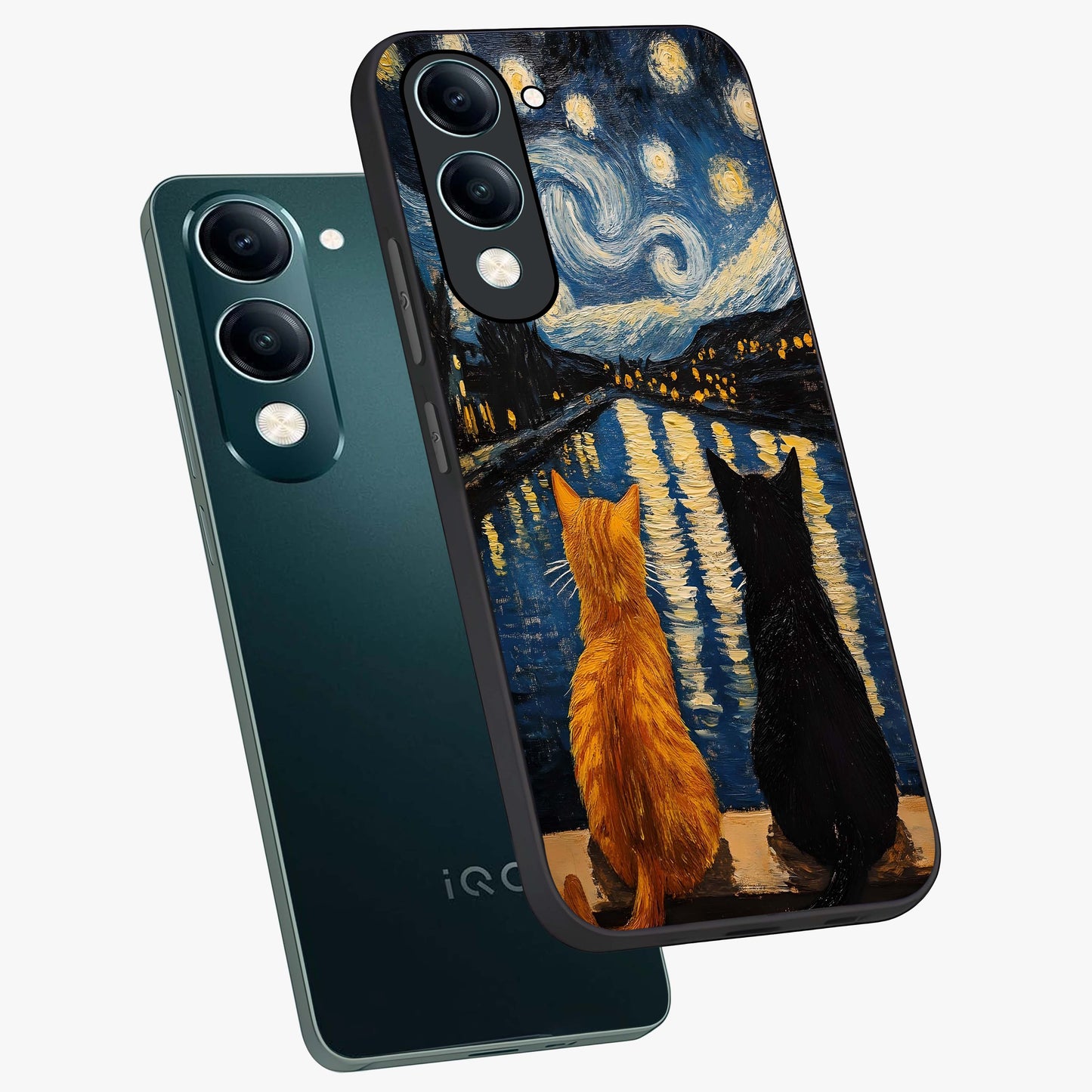 Starry River Cats Glass Case displayed in angled mockup highlighting charming feline illustration with dreamy night aesthetic.