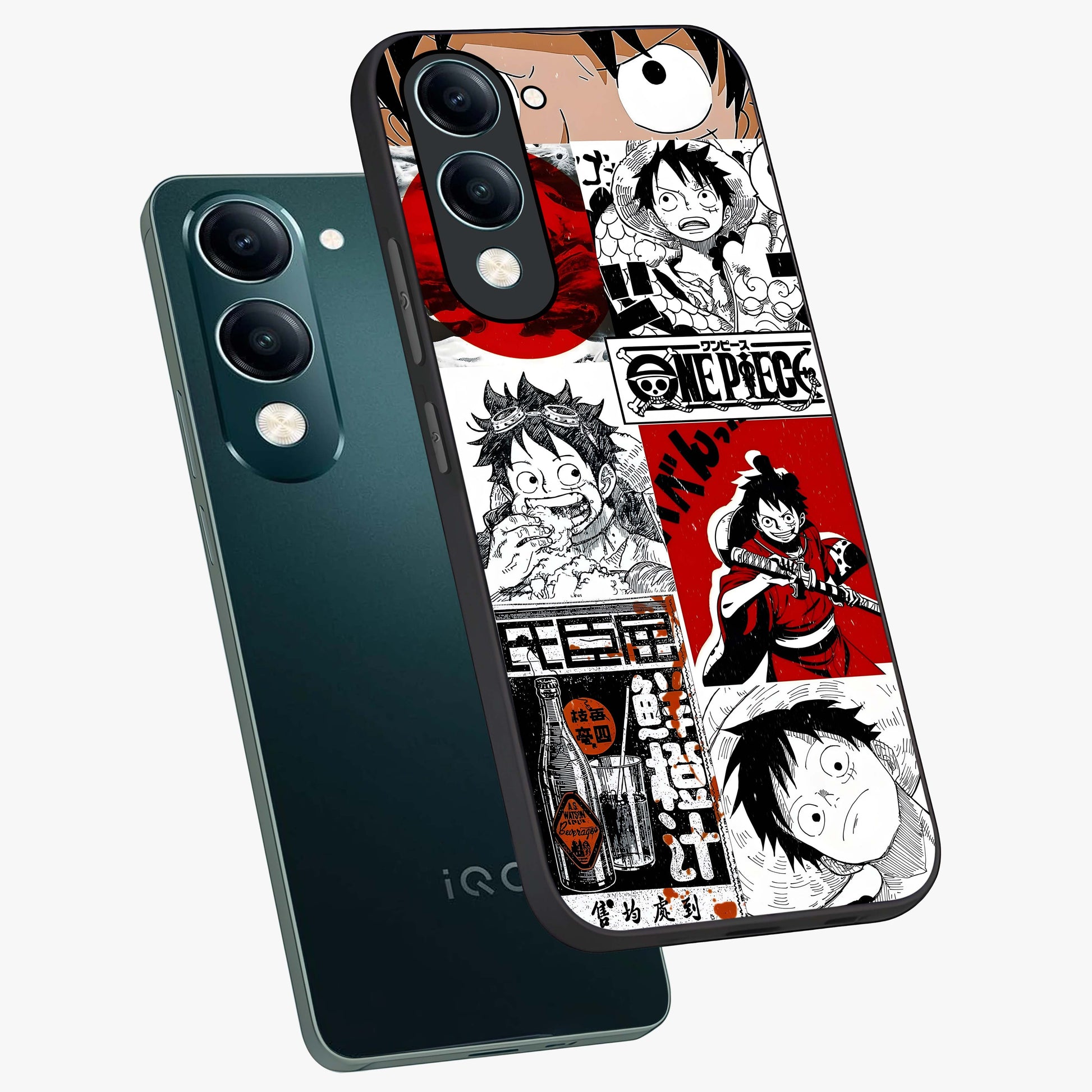 Strawhat Chaos Panels Glass Case displayed in angled mockup highlighting vibrant anime collage design with action aesthetic.