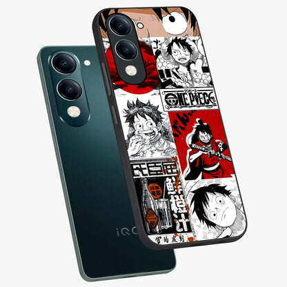 Strawhat Chaos Panels Glass Case displayed in angled mockup highlighting vibrant anime collage design with action aesthetic.