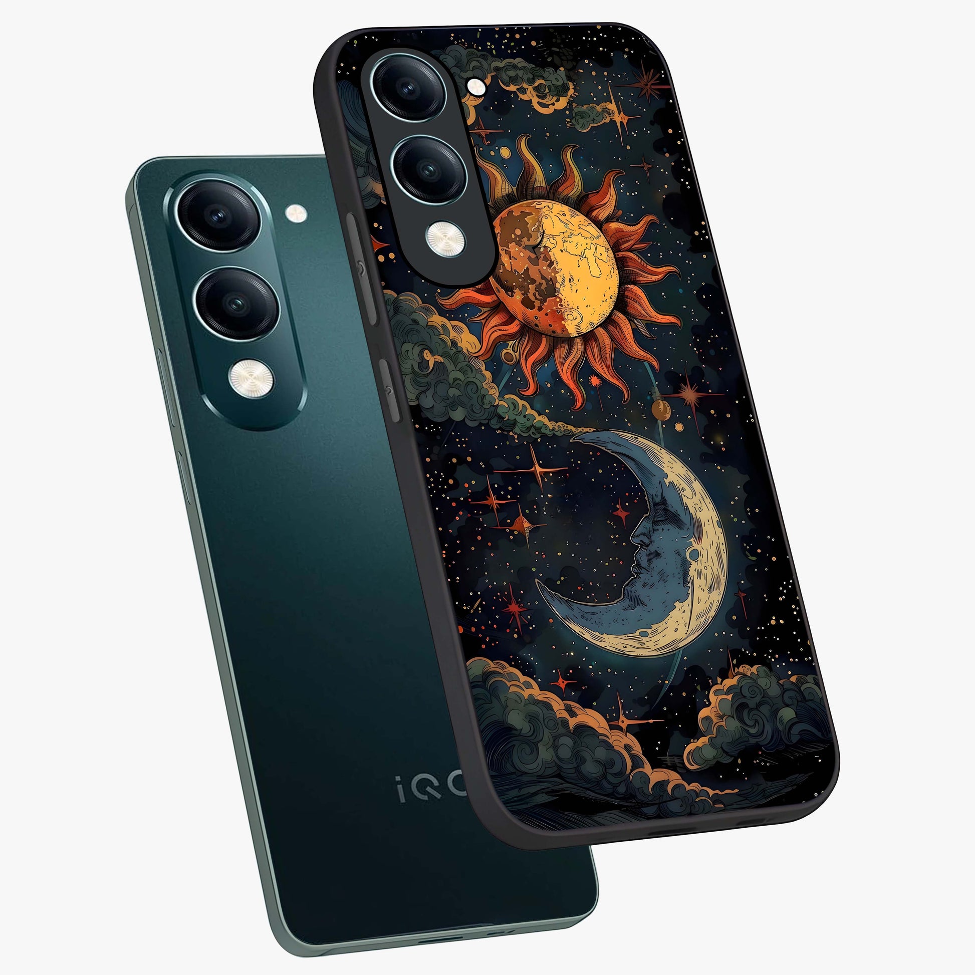 Sun And Moon Magic Design Glass Case displayed in angled mockup highlighting celestial design with magical cosmic aesthetic.