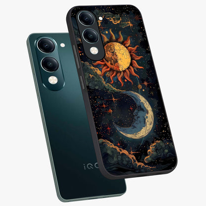 Sun And Moon Magic Design Glass Case displayed in angled mockup highlighting celestial design with magical cosmic aesthetic.