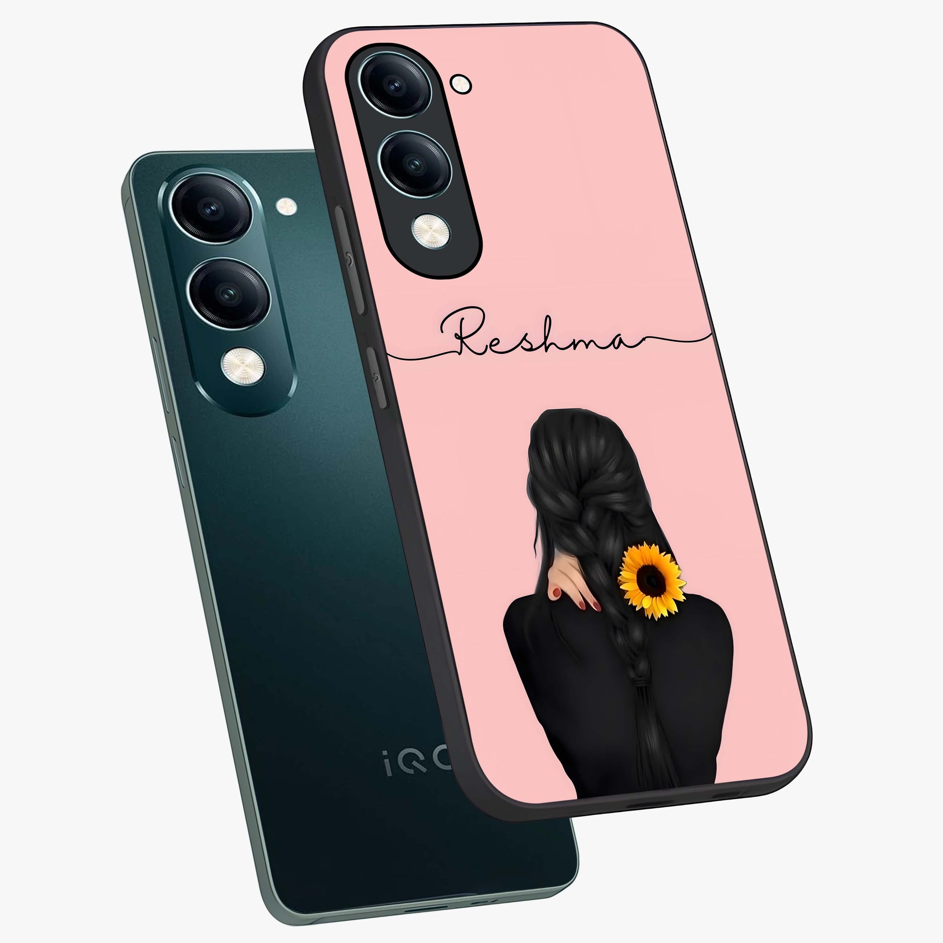 Sunflower Braid Beauty With Custom Name Glass Case displayed in angled mockup highlighting elegant sunflower design with custom name feature.