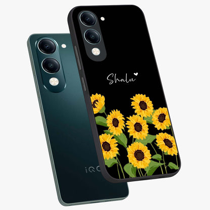 Sunflower Chic Mood Custom Name Glass Case displayed in angled mockup highlighting vibrant sunflower design with custom name feature.