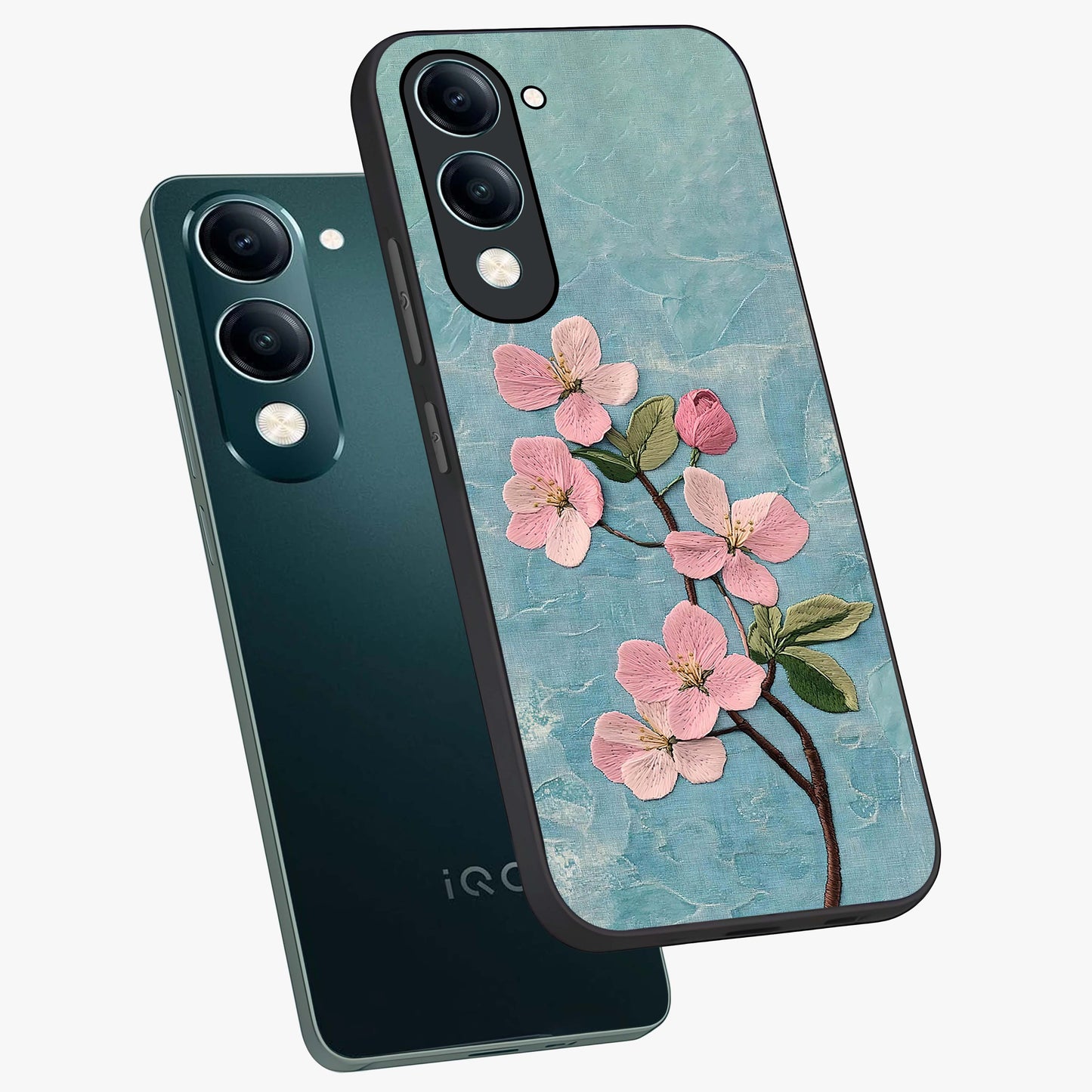 Threaded Blossom Breeze Glass Case displayed in angled mockup highlighting elegant floral design with soft aesthetic style.