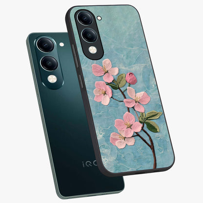Threaded Blossom Breeze Glass Case displayed in angled mockup highlighting elegant floral design with soft aesthetic style.