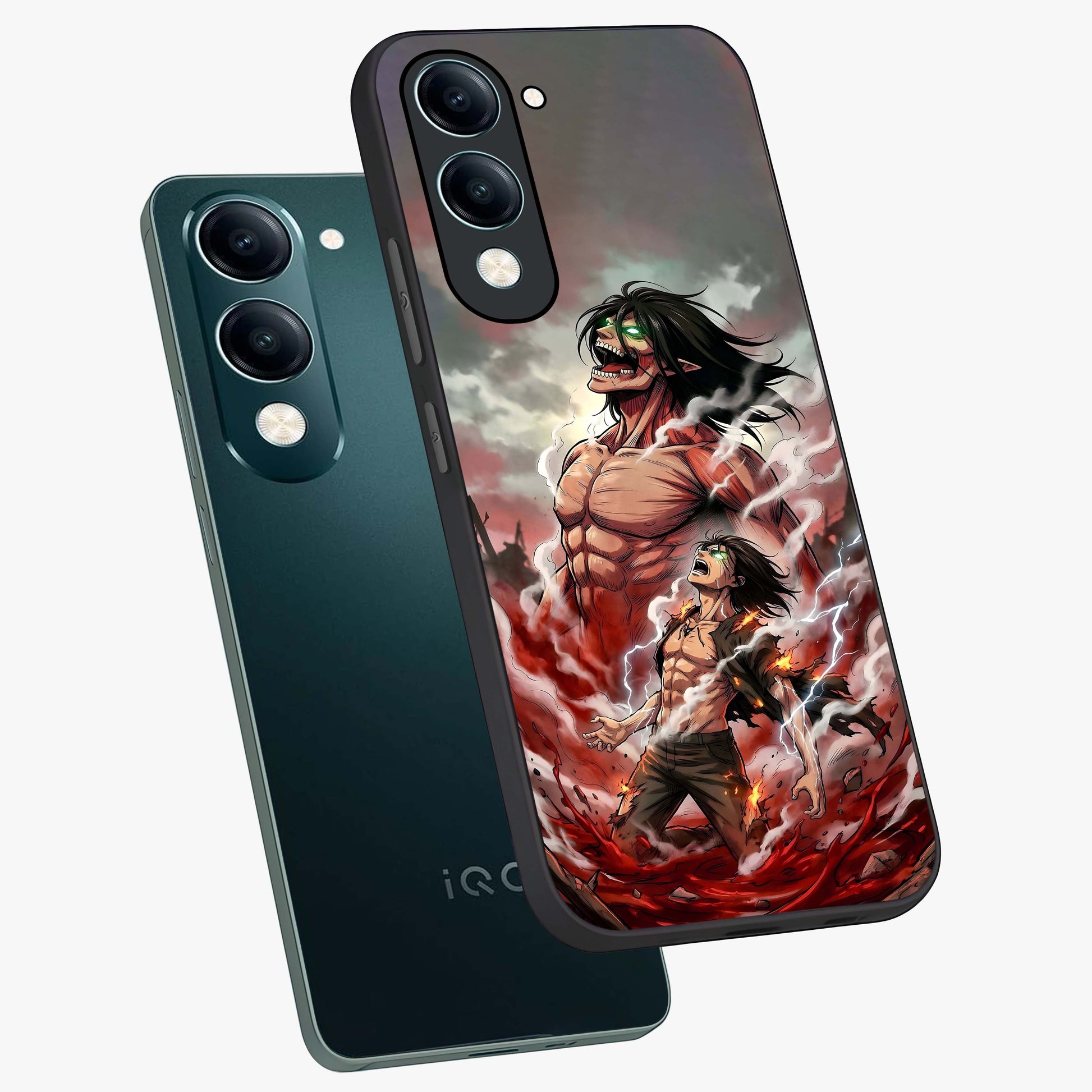 Titan Awakening Fury Glass Case displayed in angled mockup highlighting dramatic giant warrior design with bold anime aesthetic.