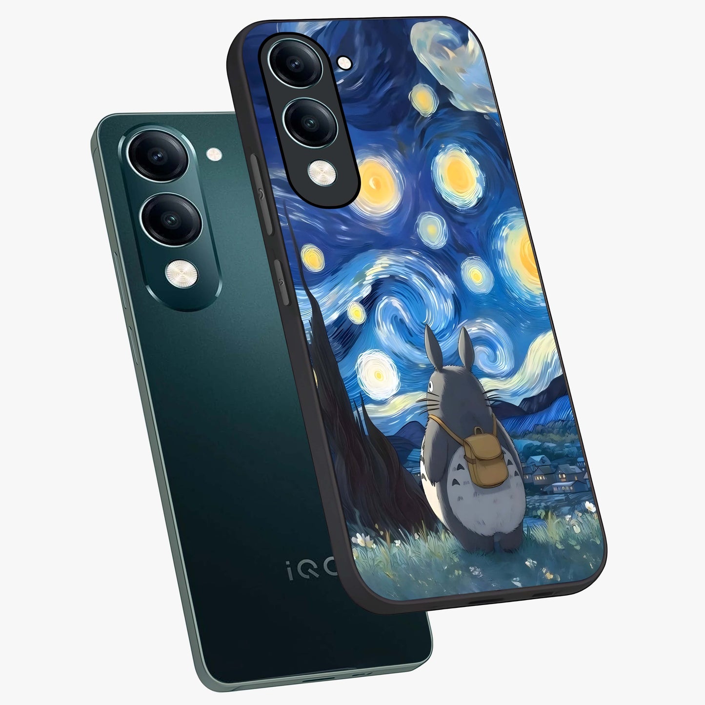 Totoro In Van Gogh Art Glass Case displayed in angled mockup highlighting artistic swirling sky design with playful animation aesthetic.