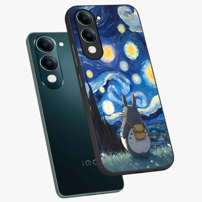 Totoro In Van Gogh Art Glass Case displayed in angled mockup highlighting artistic swirling sky design with playful animation aesthetic.