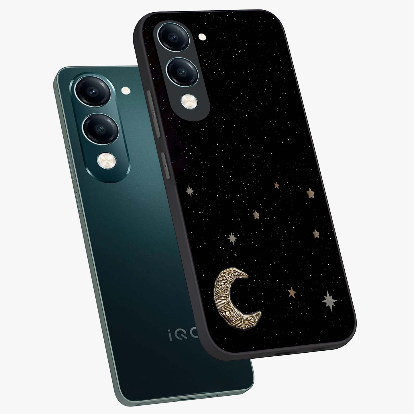 Twinkle Star With Half Moon Glass Case displayed in angled mockup highlighting celestial moon and star design with magical aesthetic.
