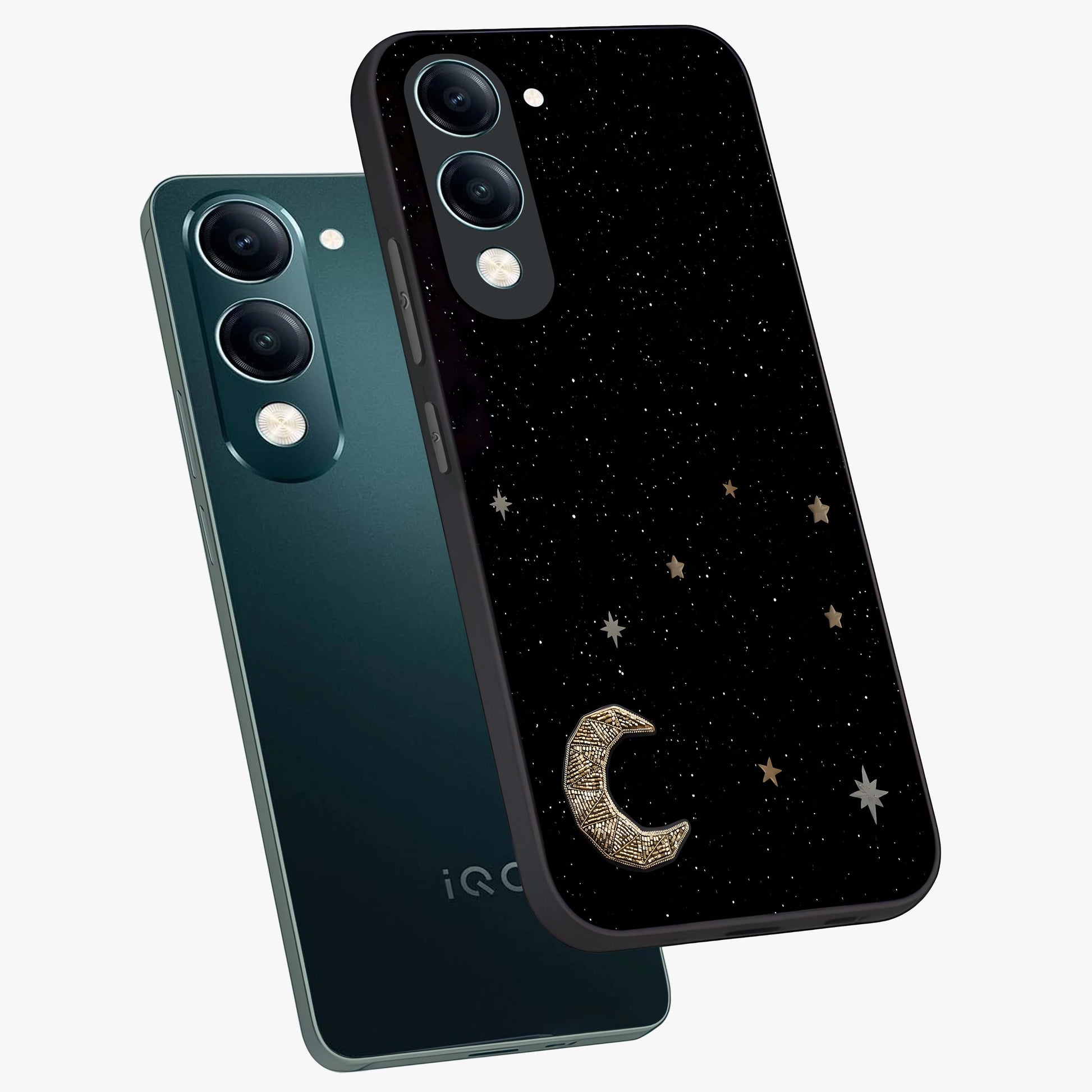 Twinkle Star With Half Moon Glass Case displayed in angled mockup highlighting celestial moon and star design with magical aesthetic.