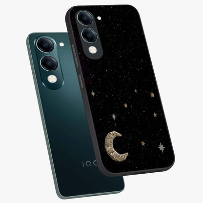 Twinkle Star With Half Moon Glass Case displayed in angled mockup highlighting celestial moon and star design with magical aesthetic.