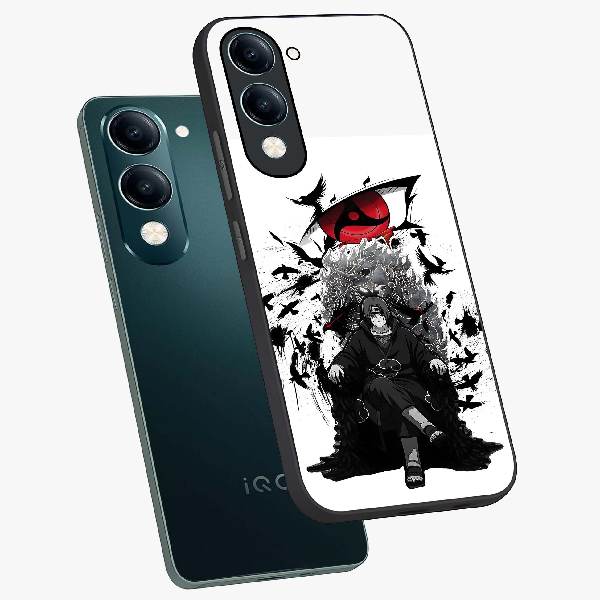 Uchiha Shadow Throne Glass Case displayed in angled mockup highlighting glowing aquatic design with celestial aesthetic.