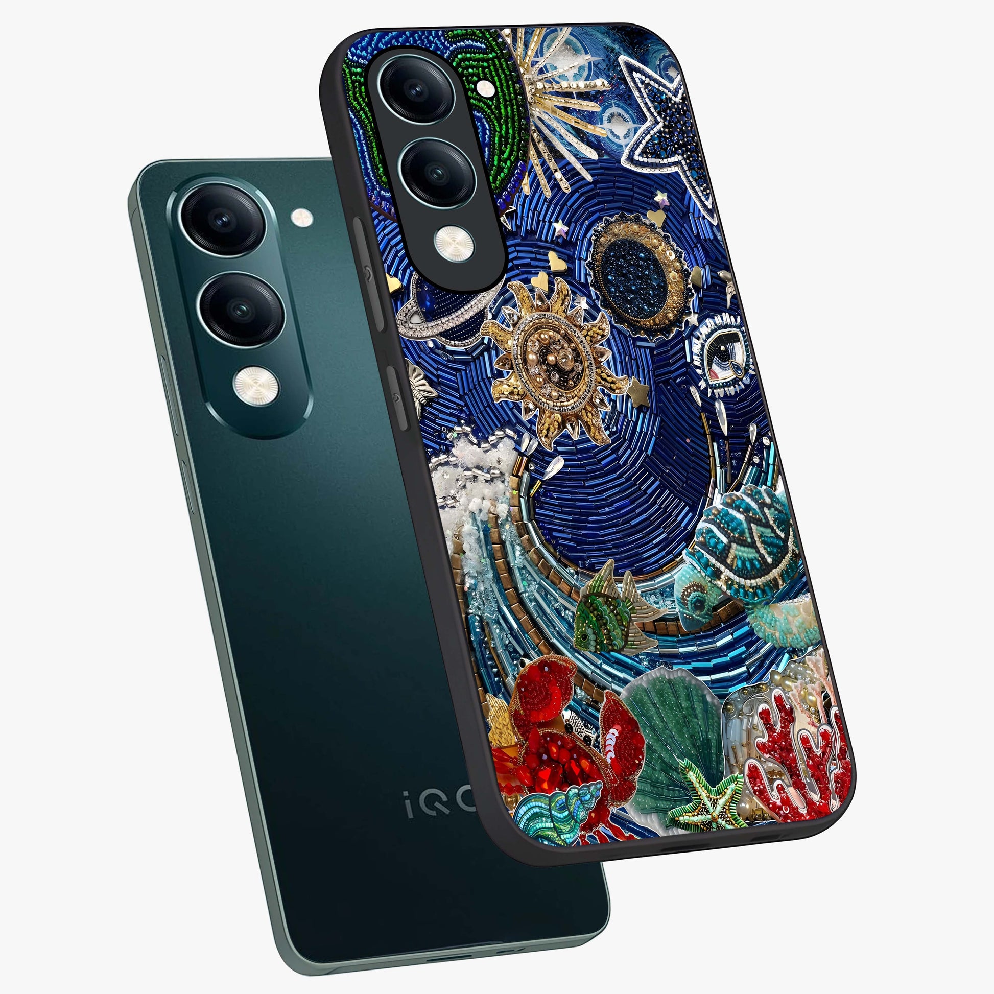 Universe Underwater Spark Glass Case displayed in angled mockup highlighting glowing aquatic design with celestial aesthetic.
