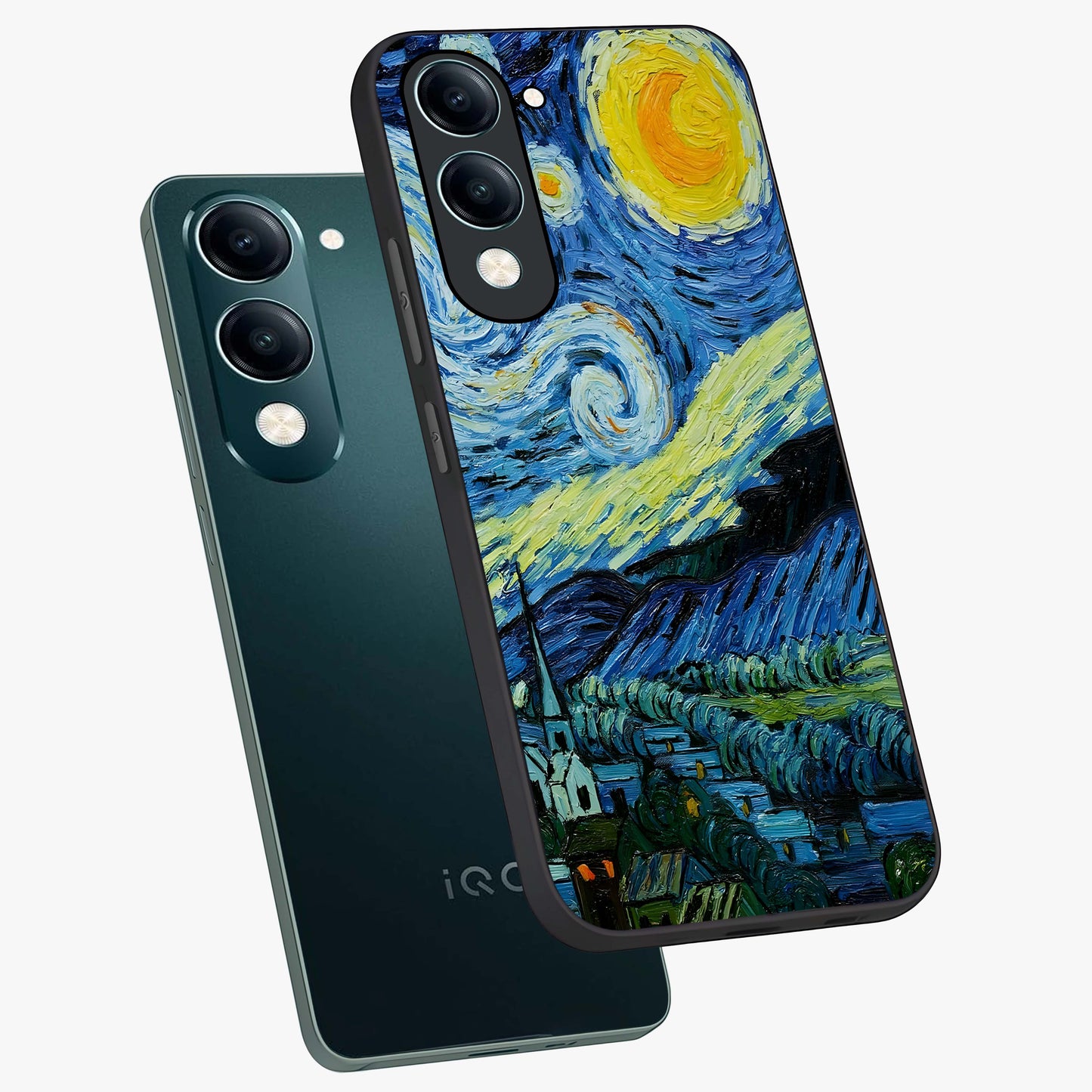 Van Gogh Art Glass Case displayed in angled mockup highlighting swirling brushstroke design with artistic aesthetic.
