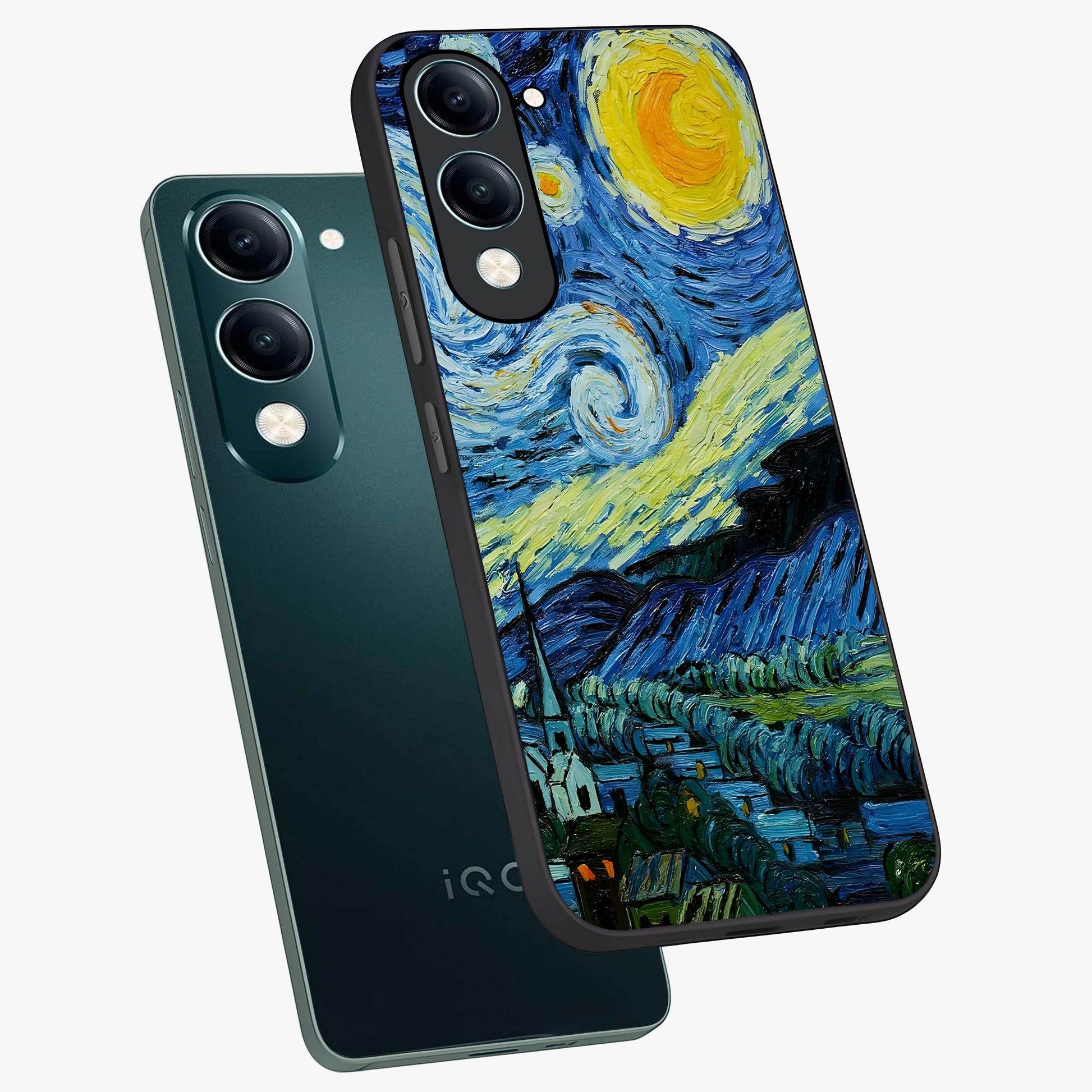 Van Gogh Art Glass Case displayed in angled mockup highlighting swirling brushstroke design with artistic aesthetic.