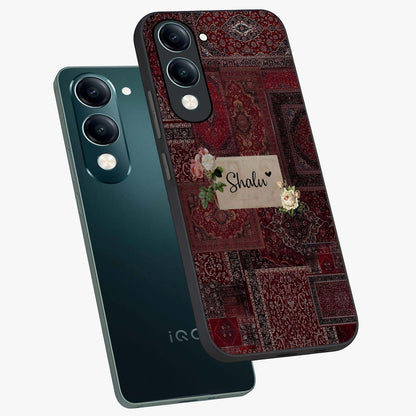 Velvet Wine Pattern Custom Name Glass Case displayed in angled mockup highlighting decorative velvet inspired design with custom name feature.