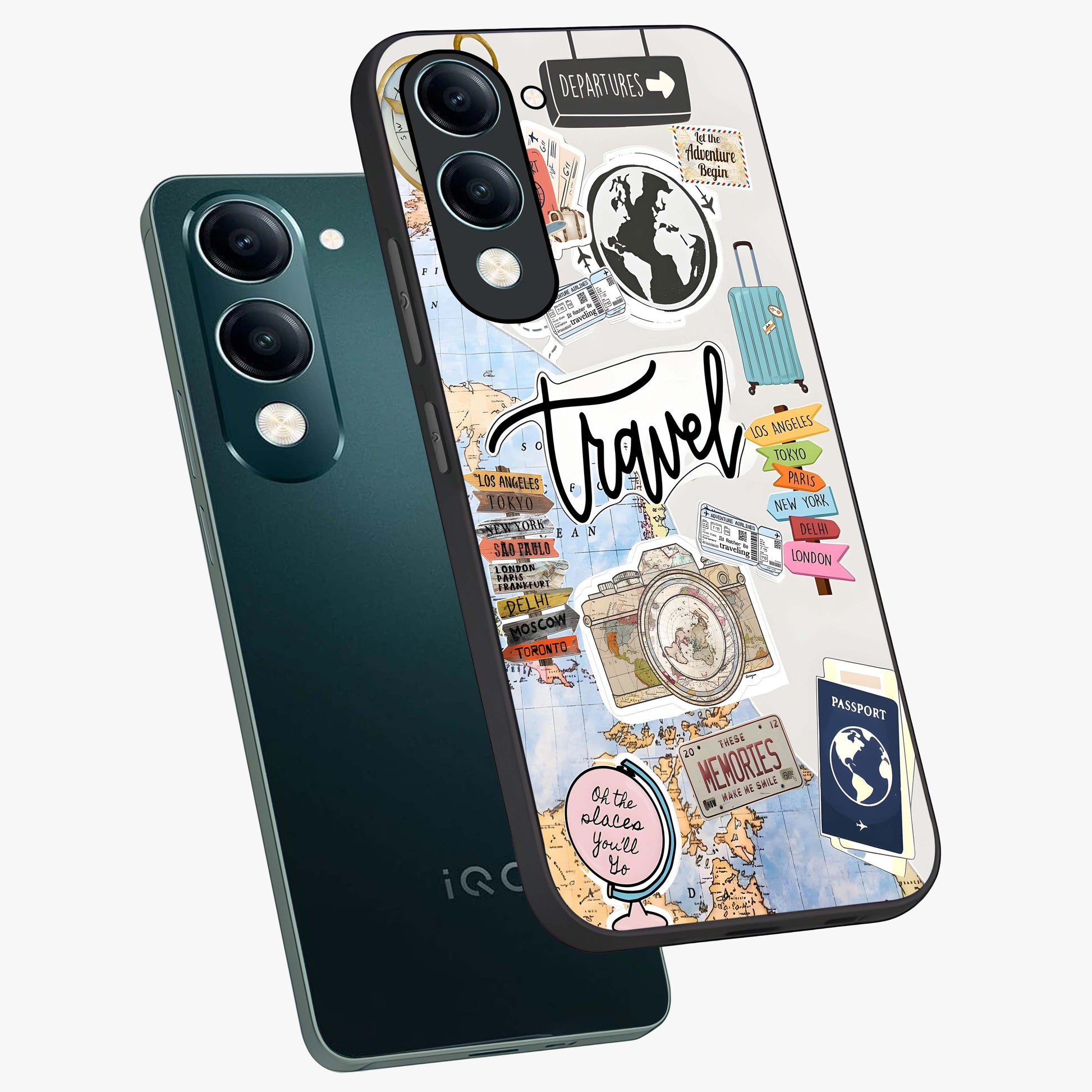 Wanderlust Journal Glass Case displayed in angled mockup highlighting adventure themed design with aesthetic travel vibe.