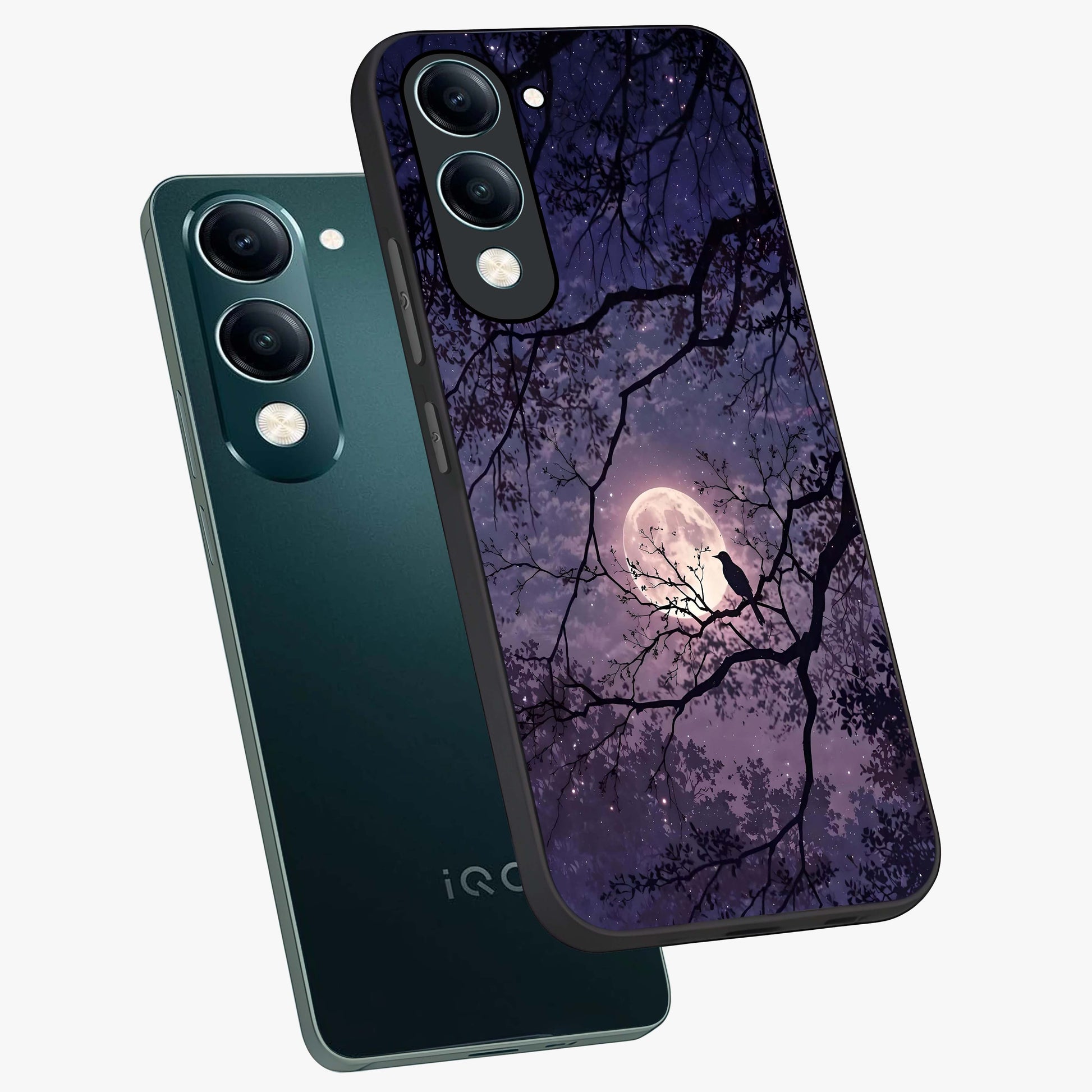 Whispering Moon Silence Glass Case displayed in angled mockup highlighting calm lunar design with dreamy night aesthetic.