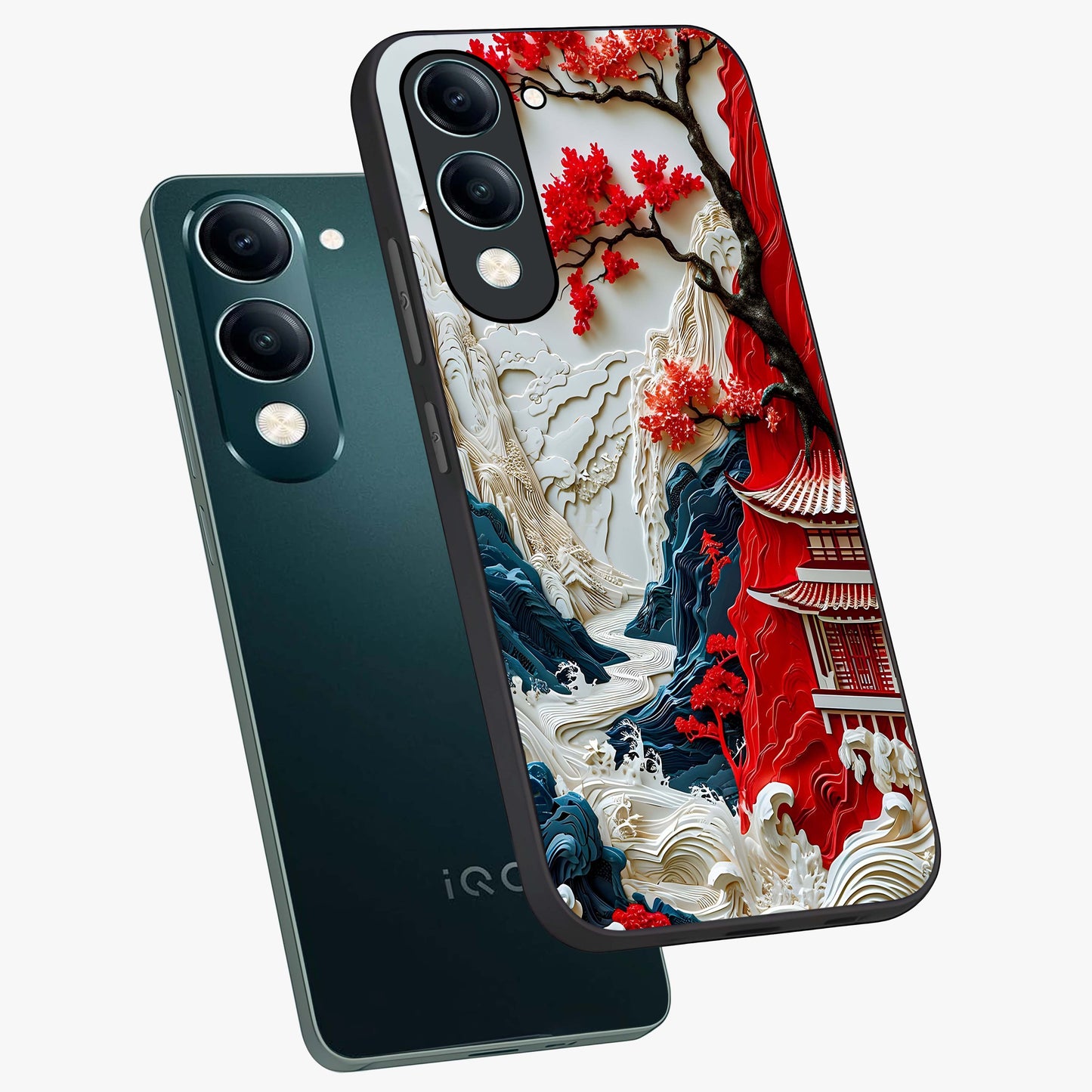 Whispers Of Sakura Waves Glass Case displayed in angled mockup highlighting flowing sakura design with soft floral aesthetic.