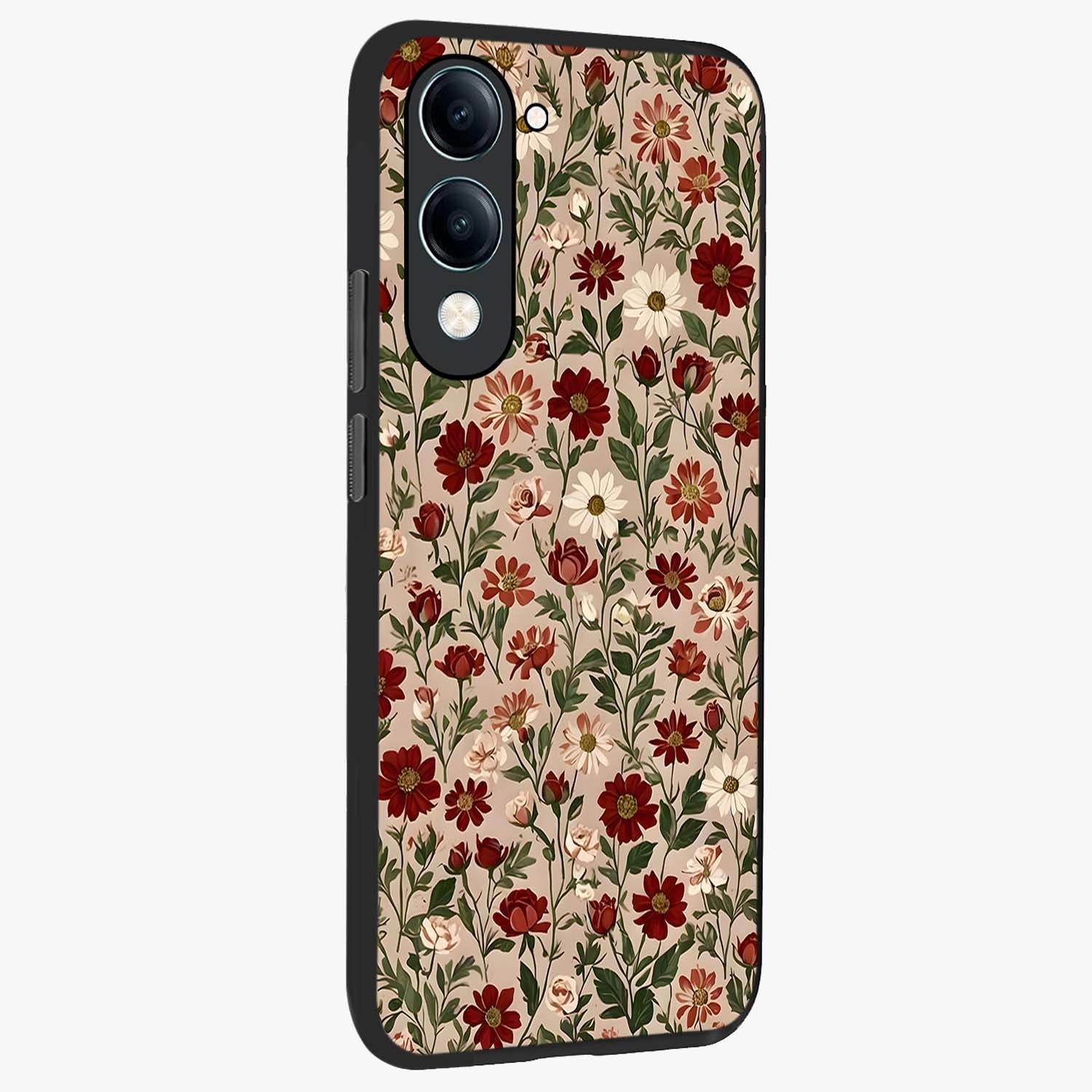 Biege Flower With Leaf Glass Case upright view showcasing delicate beige flower illustration with clean botanical style.