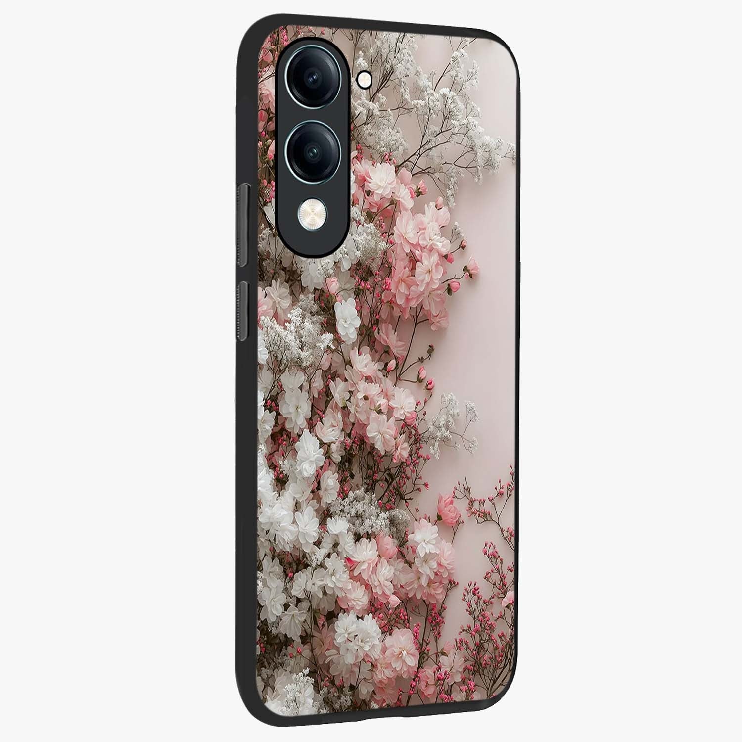 Blush Blossom Cloud Glass Case upright view showcasing calm floral cloud artwork with gentle dreamy theme.
