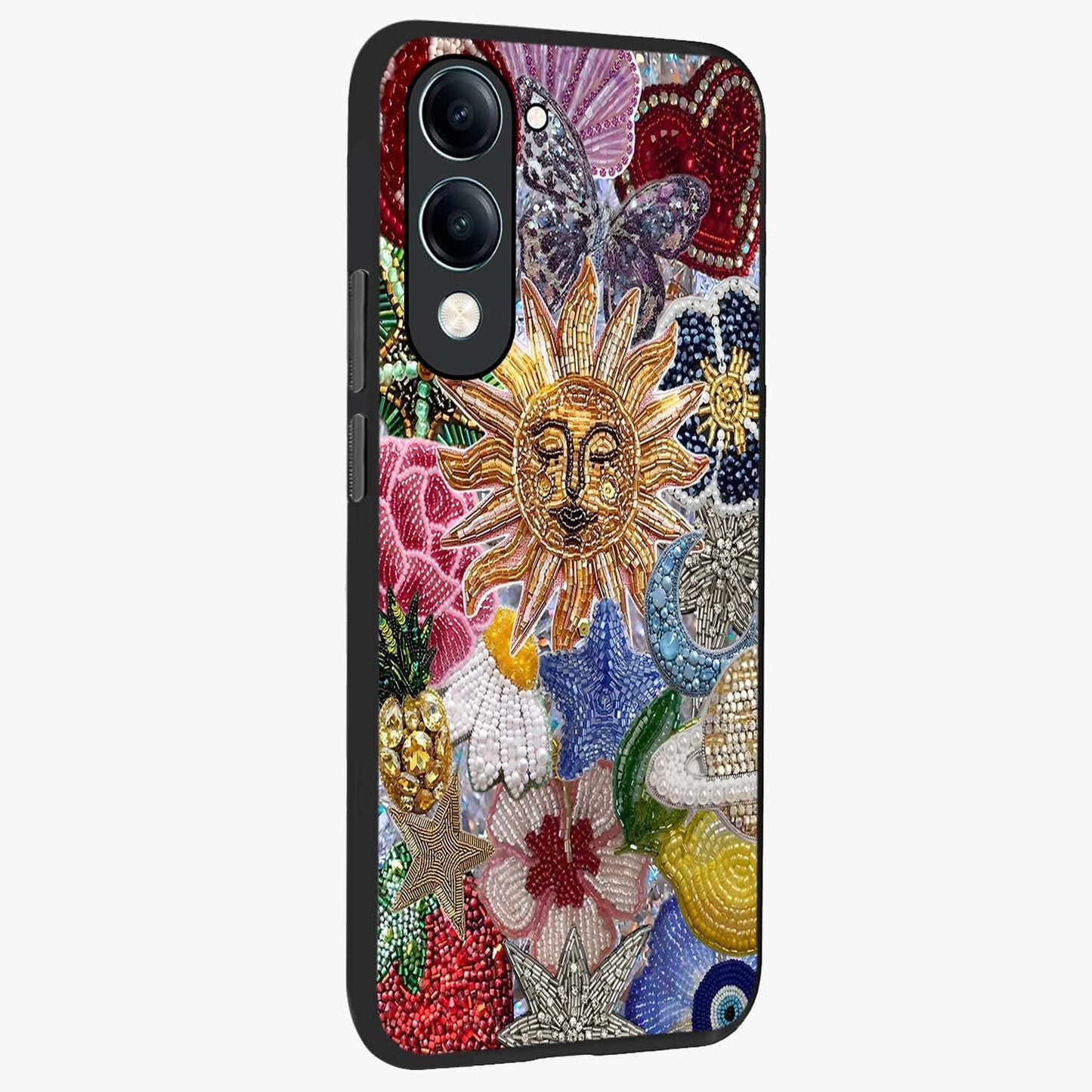 Celestial Floral and Playful Glass Case upright view showcasing whimsical floral artwork with cosmic aesthetic theme.