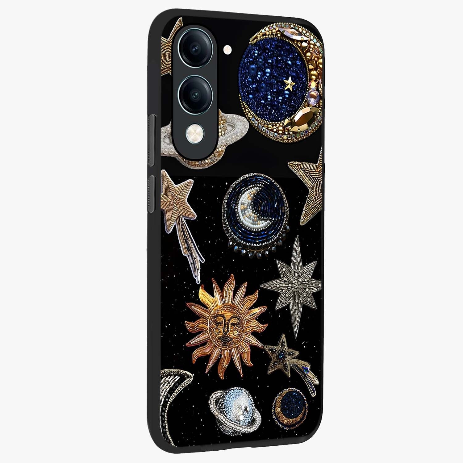 Celestial Gem Constellations Glass Case upright view showcasing cosmic constellation artwork with celestial aesthetic style.