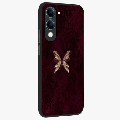 Crimson Fade Butterfly Glass Case upright view showcasing graceful butterfly artwork with soft crimson fade effect.