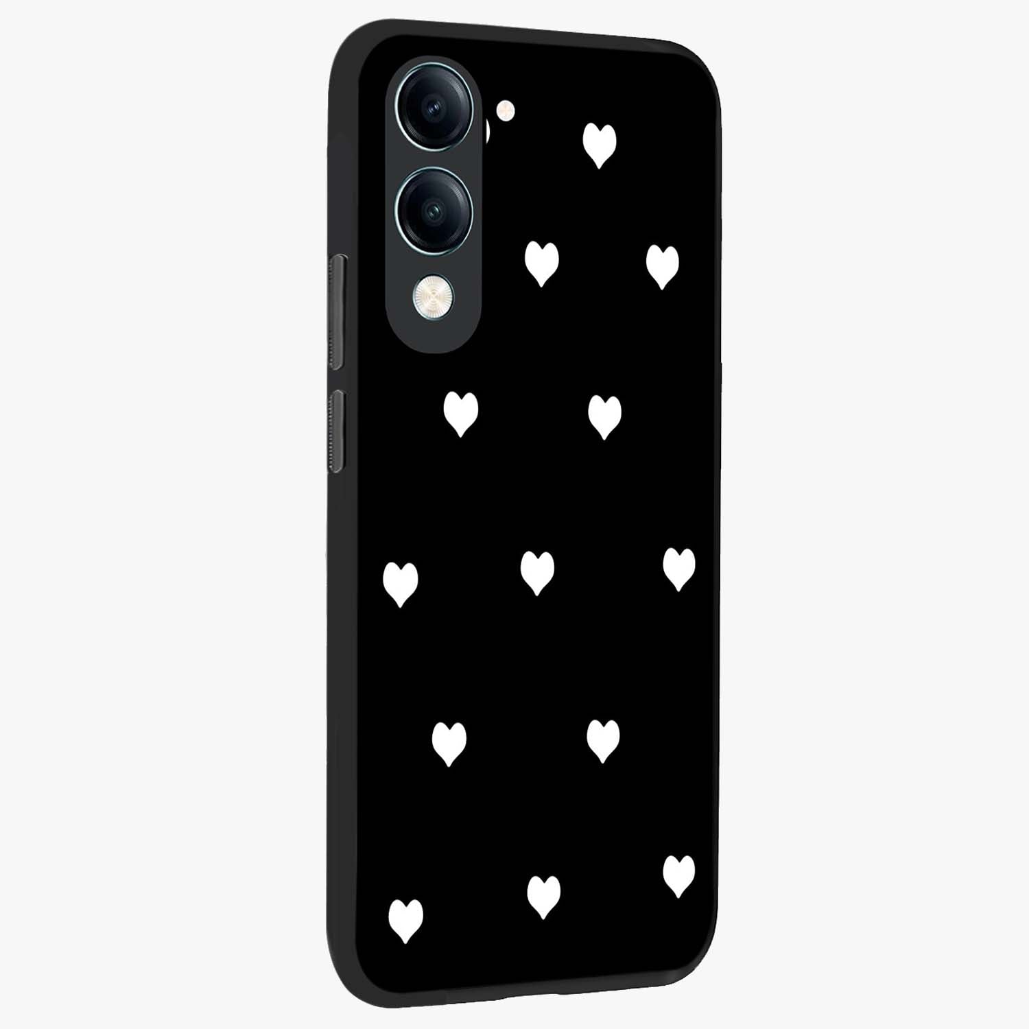 Cute And Simple White Hearts Glass Case upright view showcasing simple white hearts artwork with soft minimal theme.
