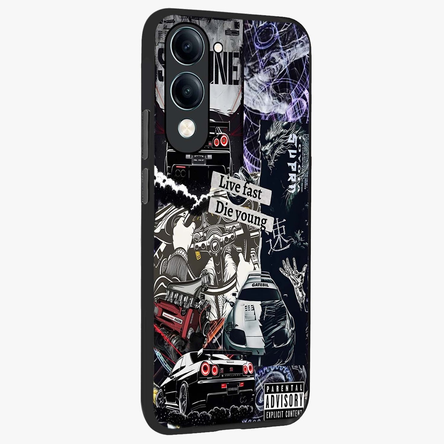 Die Young Glass Case upright view showcasing striking typography artwork with modern statement theme.