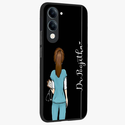 Doctor Pattern Custom Name Glass Case upright view showcasing healthcare themed design with personalized aesthetic.
