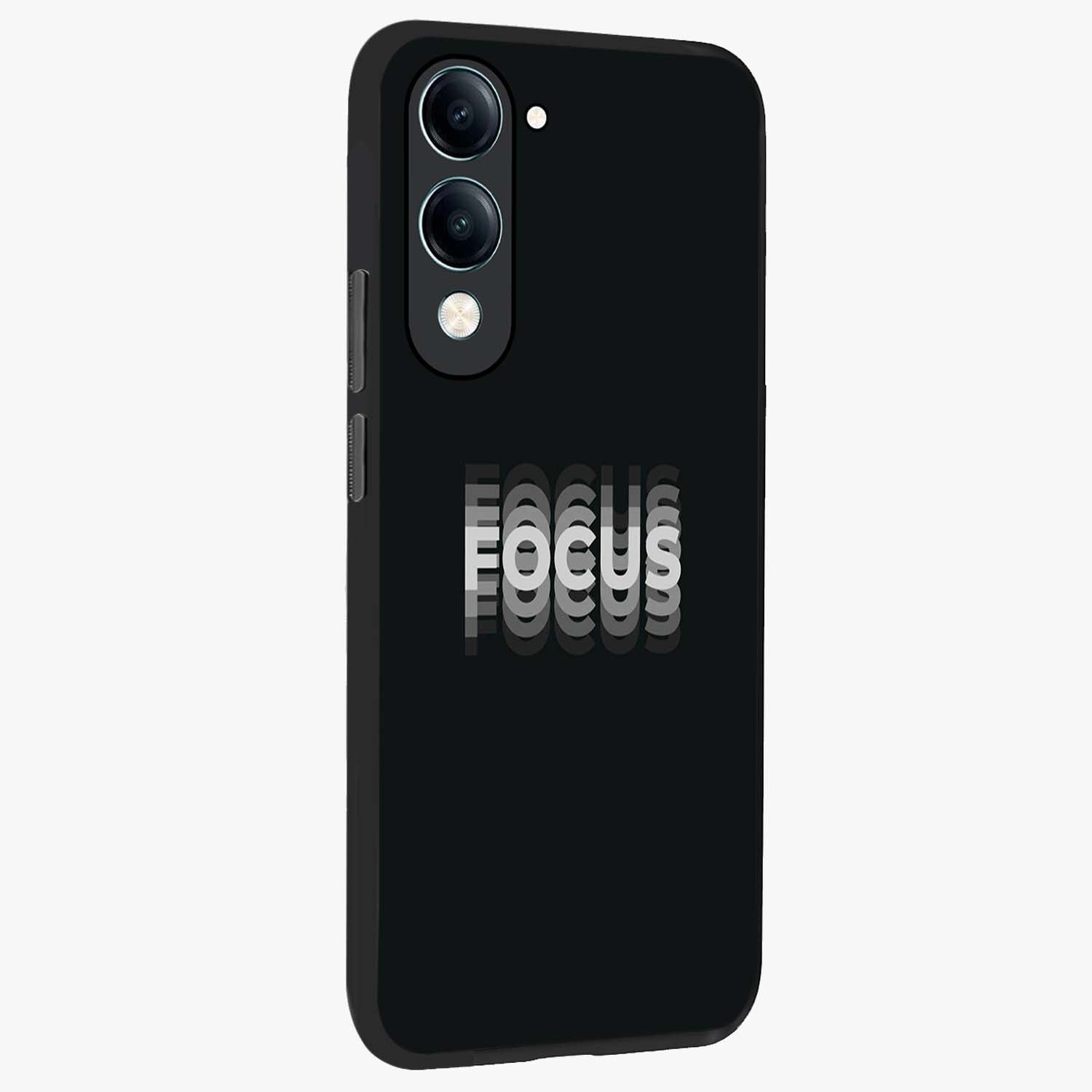 Focus Mode On Glass Case upright view showcasing strong typography statement with sleek motivational theme.