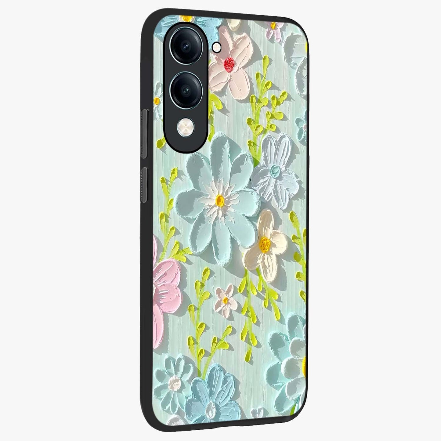 Frosted Petal Garden Glass Case upright view showcasing elegant floral garden artwork with soothing pastel theme.