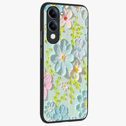 Frosted Petal Garden Glass Case upright view showcasing elegant floral garden artwork with soothing pastel theme.