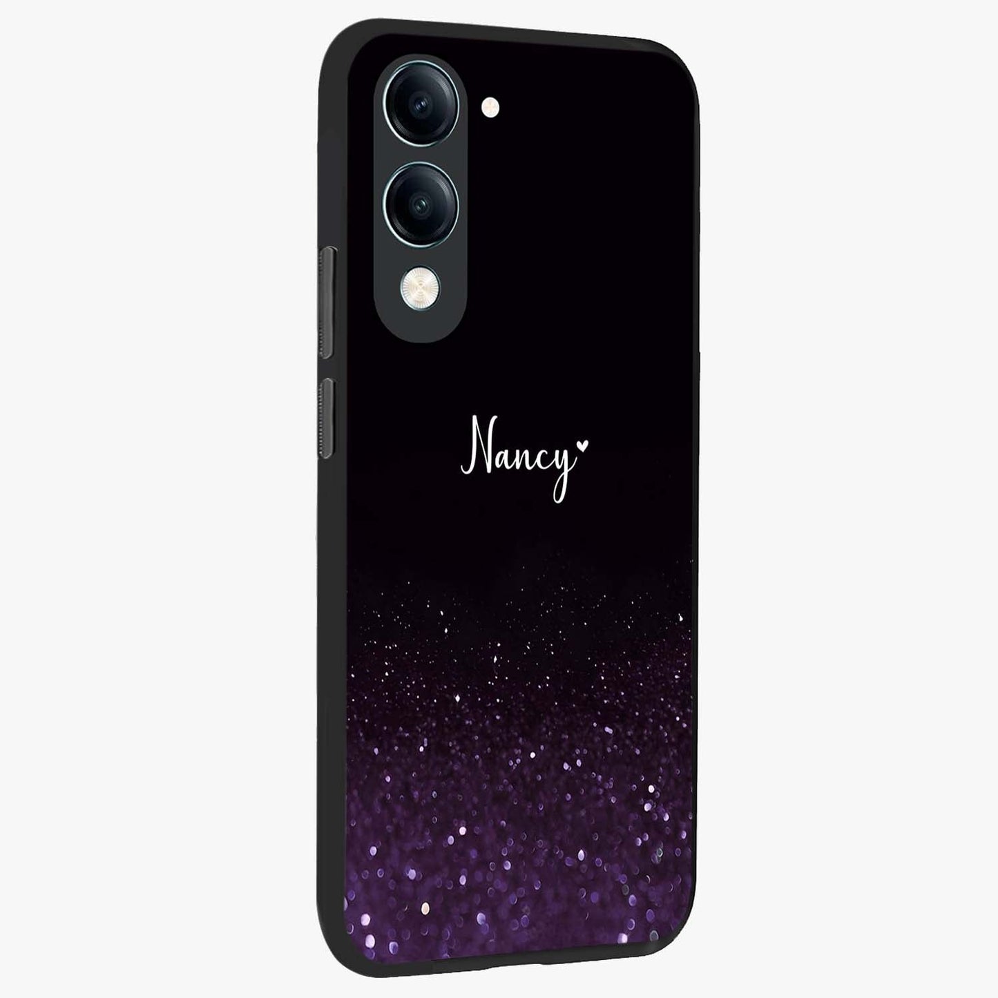 Glittery Purple Bokeh Custom Name Glass Case upright view showcasing vibrant purple sparkle artwork with personalized aesthetic style.