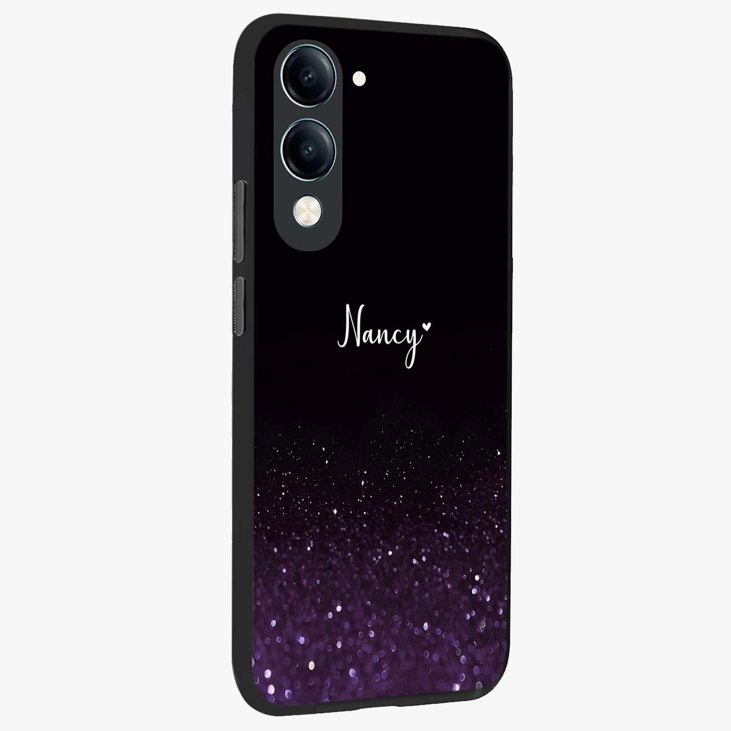 Glittery Purple Bokeh Custom Name Glass Case upright view showcasing vibrant purple sparkle artwork with personalized aesthetic style.
