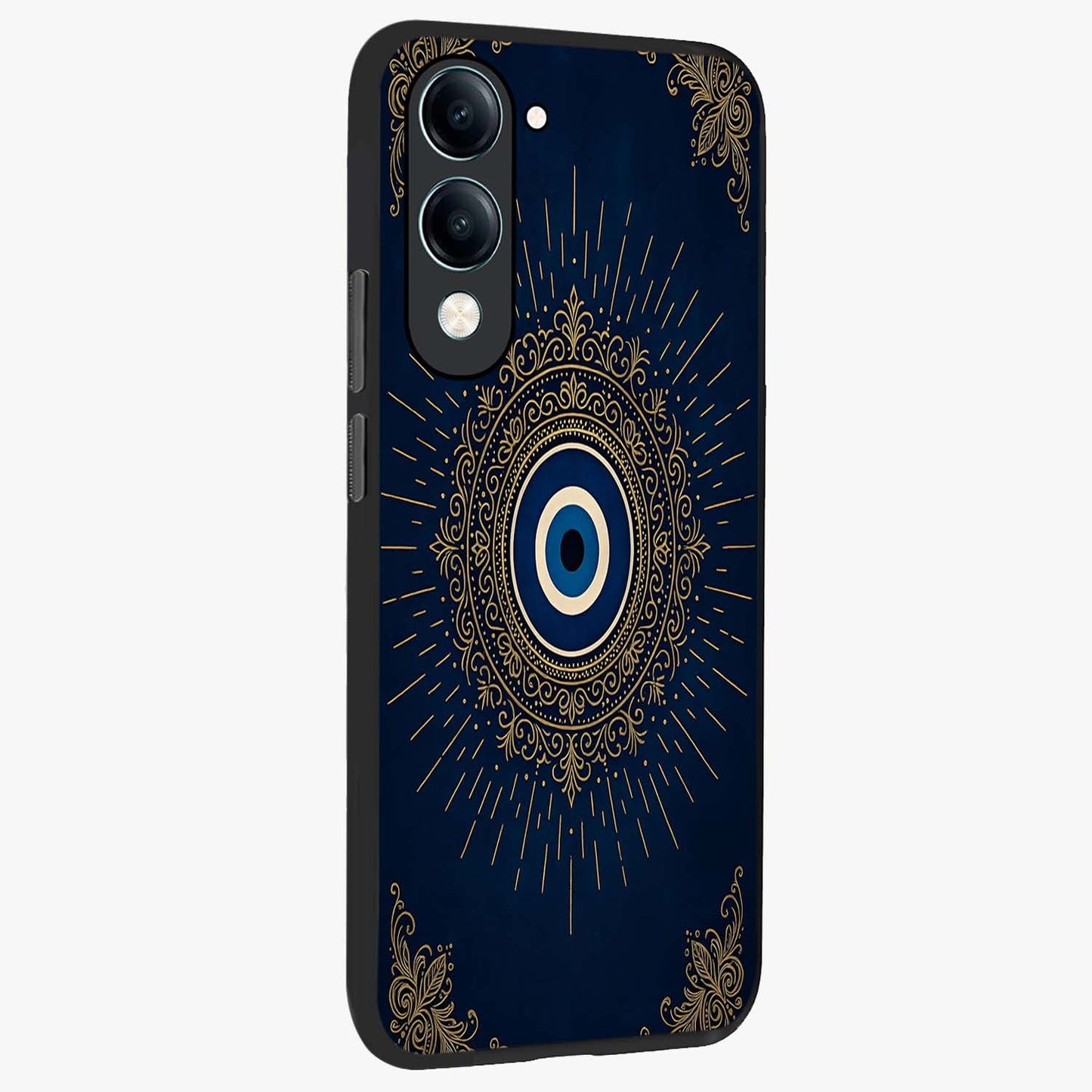 Golden Celestial Charm Glass Case upright view showcasing radiant celestial artwork with elegant golden theme.