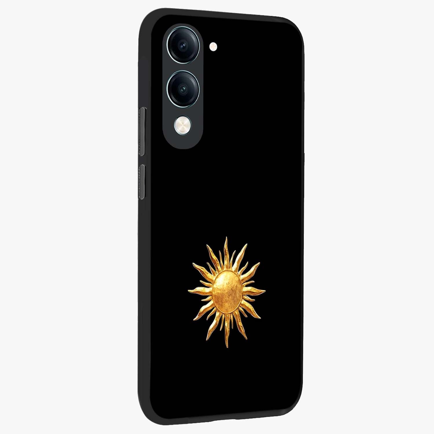 Golden Sun Minimalism Glass Case upright view showcasing haunting graveyard artwork with dramatic dark theme.