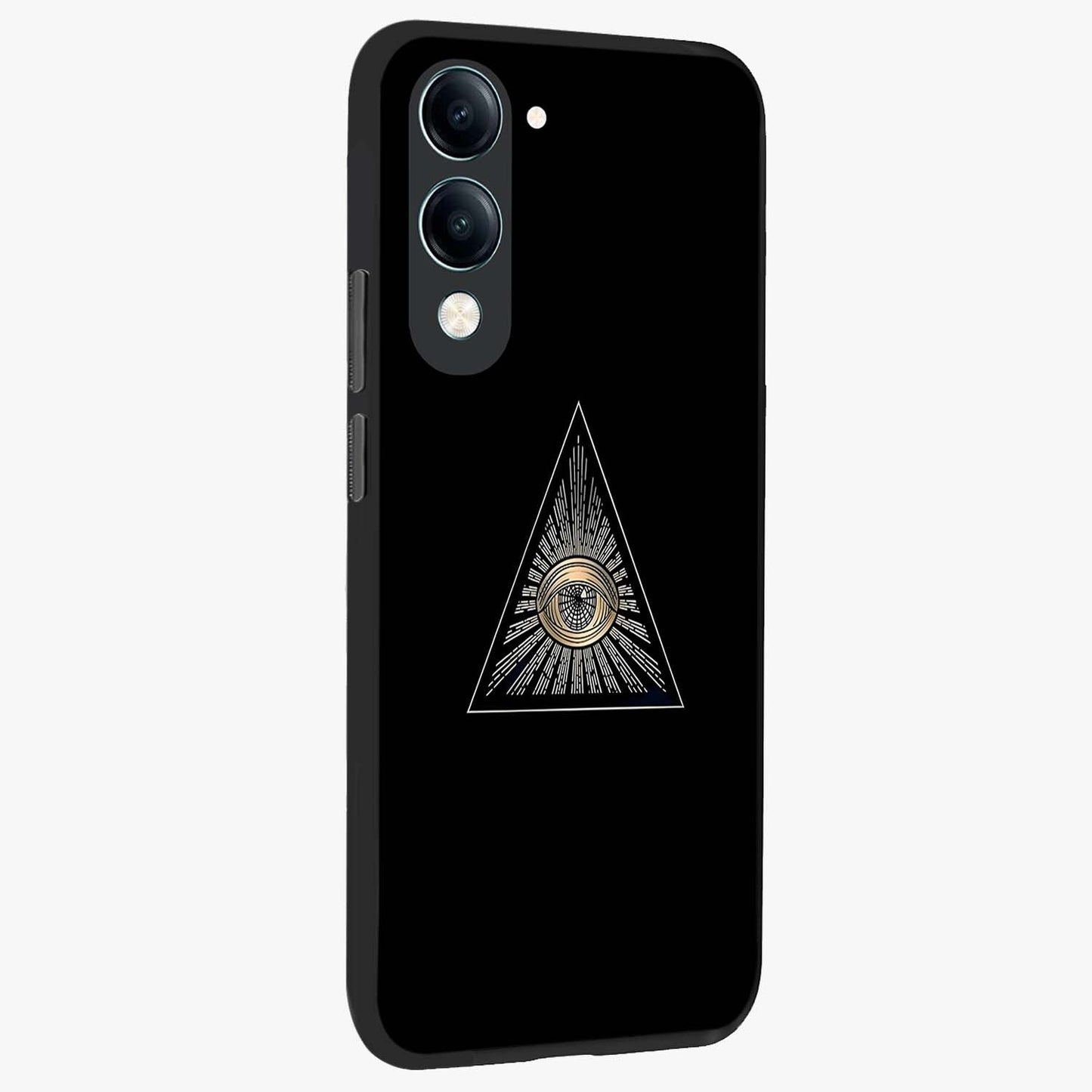 Illuminati Evil Glass Case upright view showcasing striking illuminati artwork with mysterious symbolic theme.