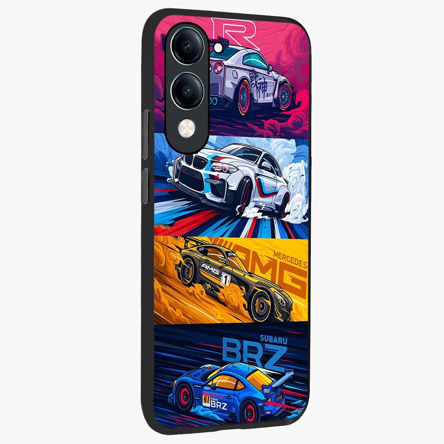 JDM Sports Car Glass Case upright view showcasing dynamic sports car artwork with bold racing theme.
