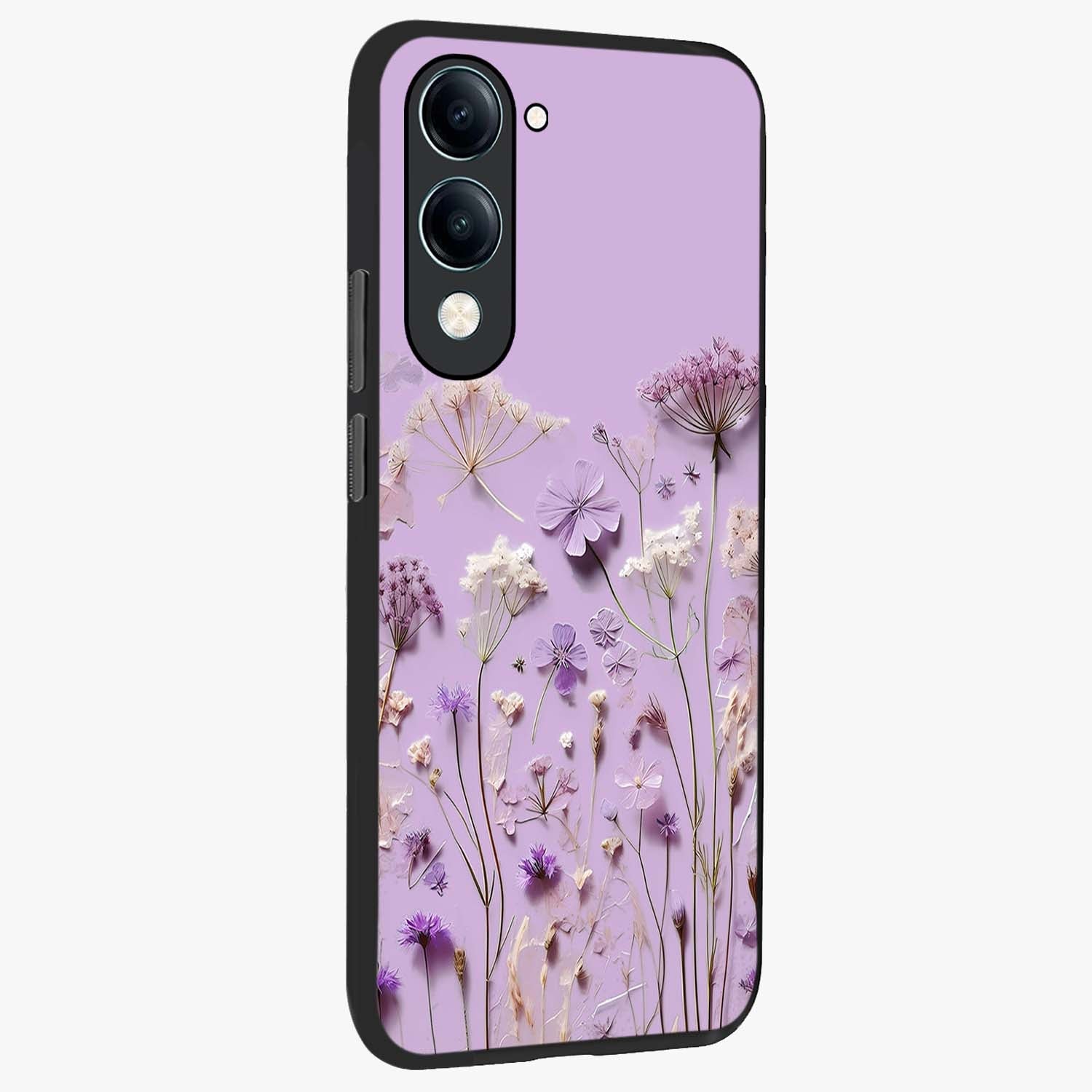 Lavender Blossom Dream Glass Case upright view showcasing delicate lavender blossom artwork with peaceful floral theme.
