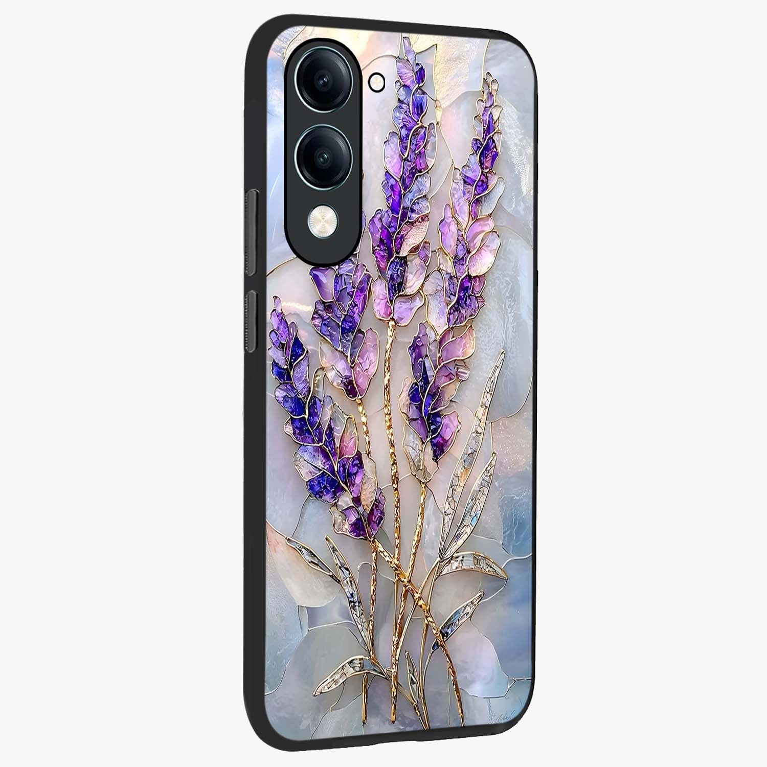 Lavender Dream Glow Glass Case upright view showcasing radiant lavender glow artwork with calming dreamy theme.